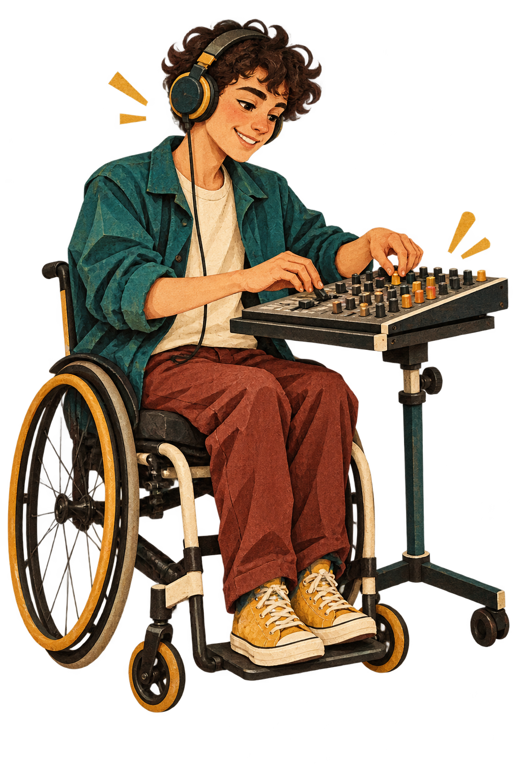 Illustrated Legend in a wheelchair with headphones on, hands on a mixing board, smiling at the sound.