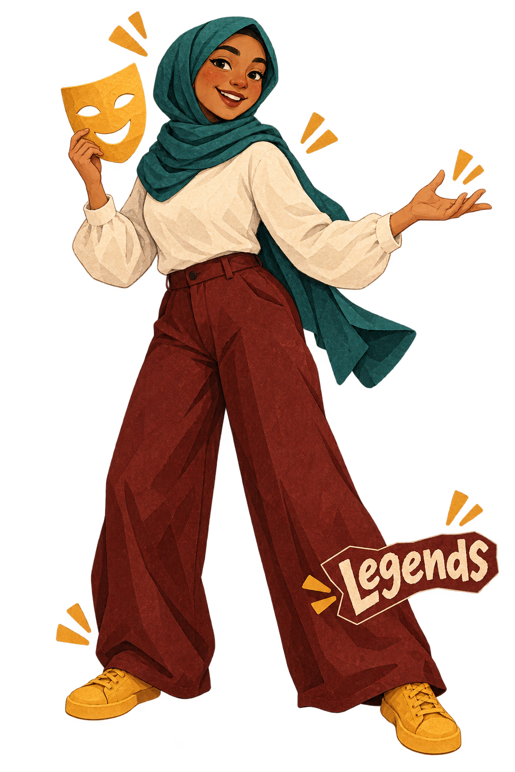 Illustrated Legend in a teal hijab and oxblood trousers holding up a comedy mask, striking a stage pose.