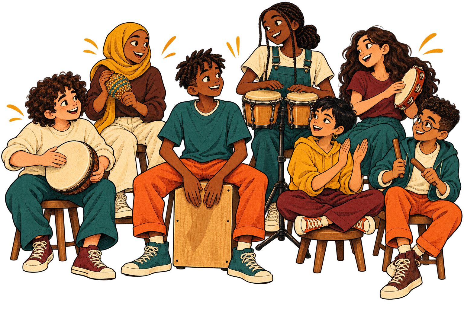 Six illustrated Legends share a rhythm on bongos, cajón and a hand drum, clapping and laughing together.