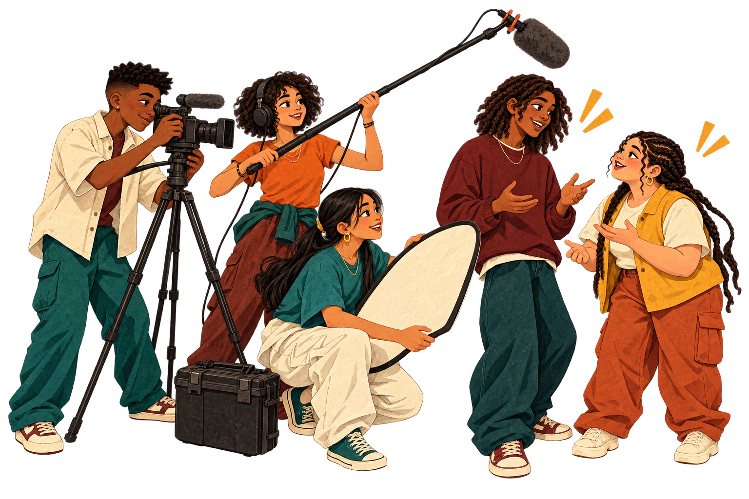 Five illustrated Legends make a short film: one on camera, one on a boom mic, one holding a reflector, two directing the scene.