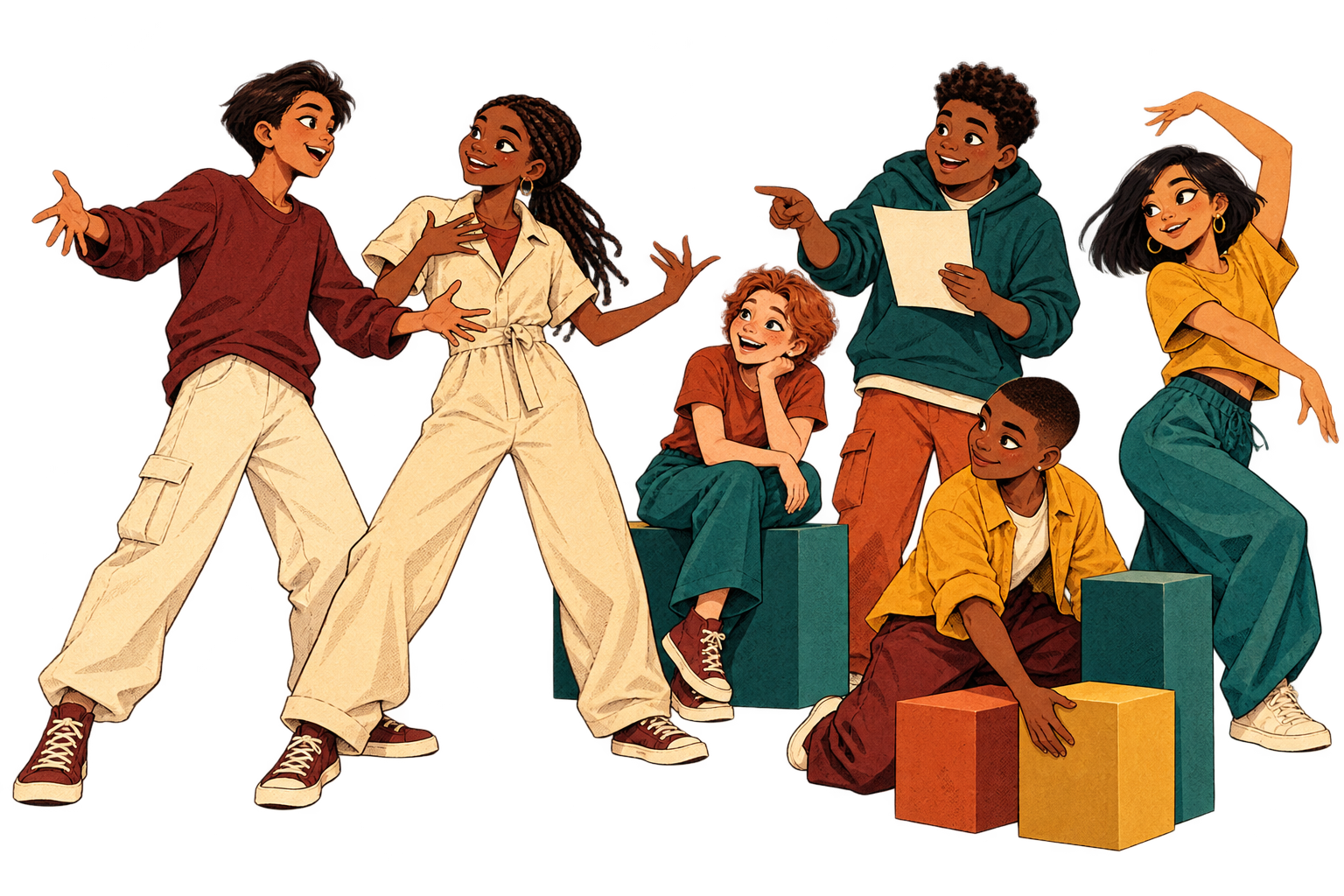 Six illustrated Legends rehearse a playful theater scene with colored blocks, one reading, one striking a pose.
