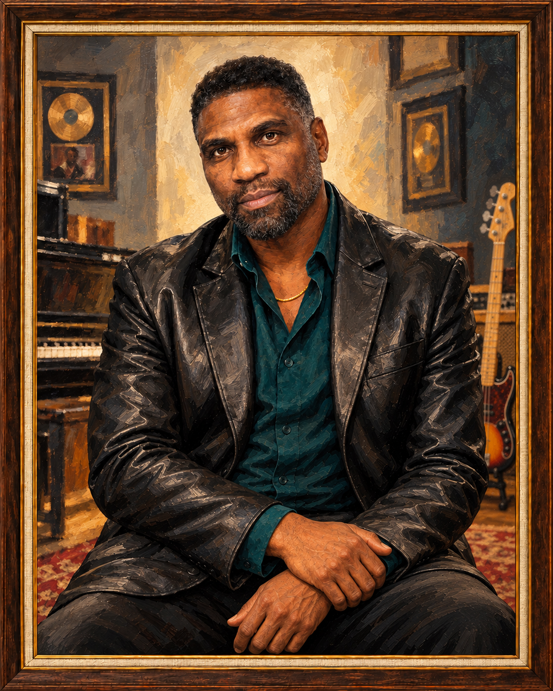 Painted portrait of Derek Allen in a dark jacket seated with his hands clasped, an upright bass and framed records behind him, in a carved wooden gallery frame.
