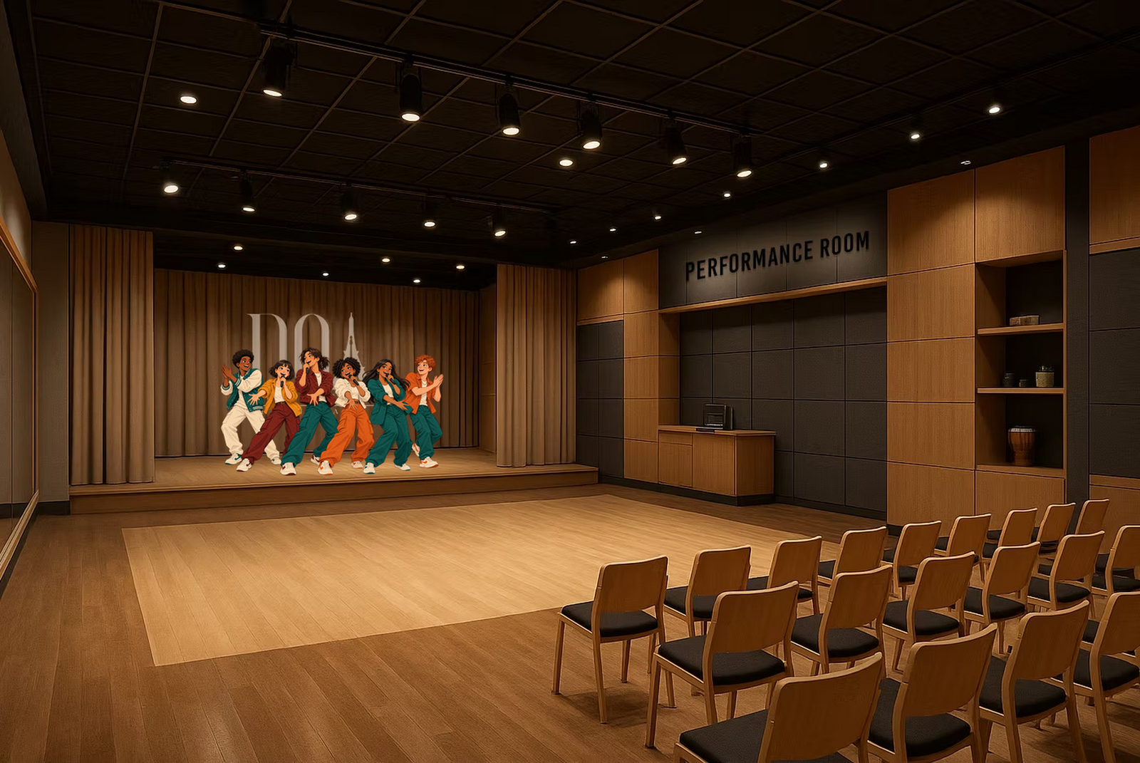 Illustrated Legends singing and dancing on the Performance Room stage, cream curtains behind them and rows of wooden chairs in front.