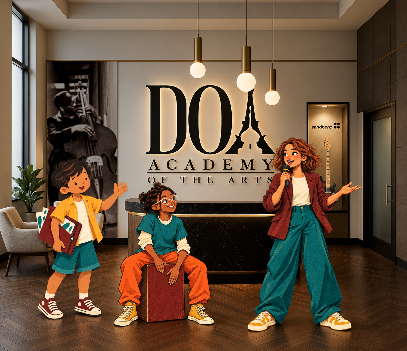 Three illustrated Legends in the DOA Academy lobby: one waving with a folder, one seated on a cajón, one gesturing toward the lit DOA sign above a dark marble desk.